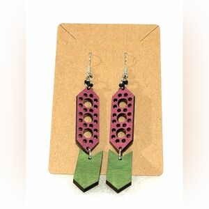 Geometric mauve and green wood handmade earrings